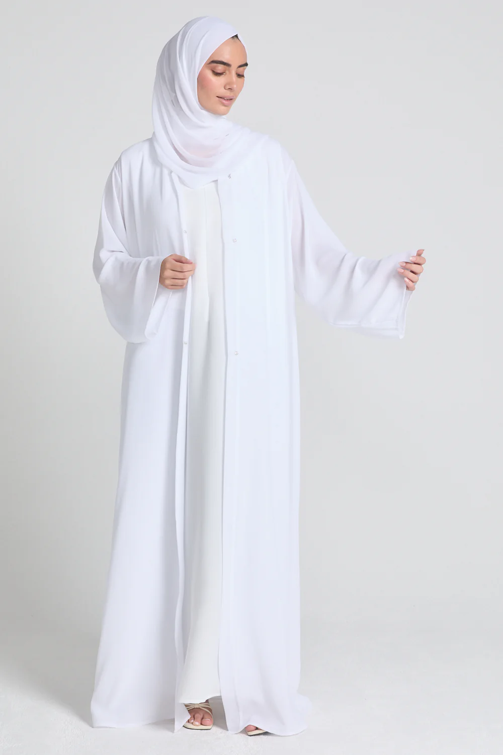 Plain Double Chiffon Open Abaya - White - Image 4