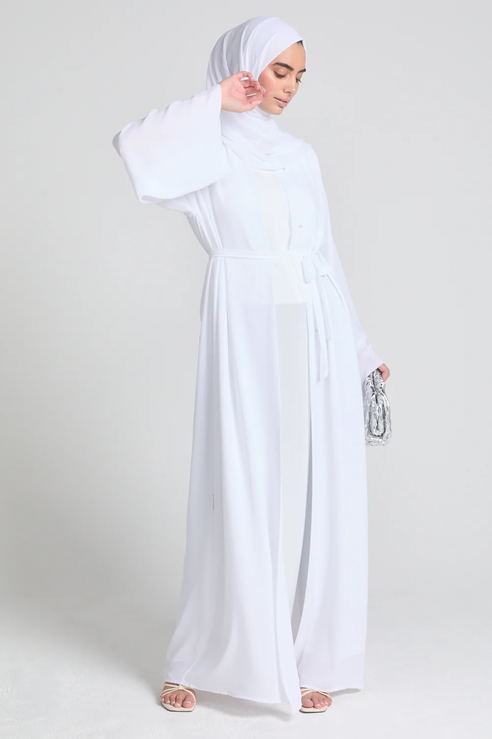 Plain Double Chiffon Open Abaya - White - Image 5