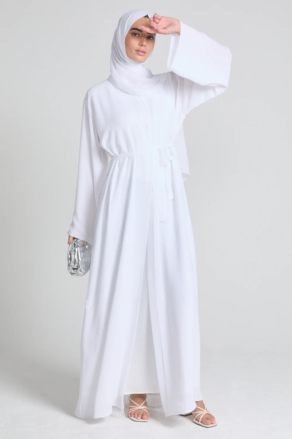 Plain Double Chiffon Open Abaya - White - Image 6