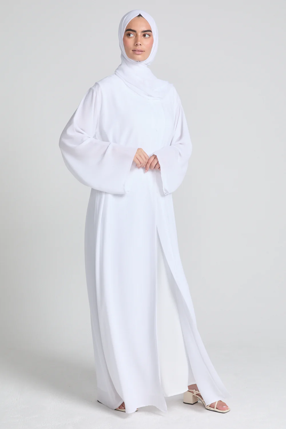 Plain Double Chiffon Open Abaya - White - Image 7
