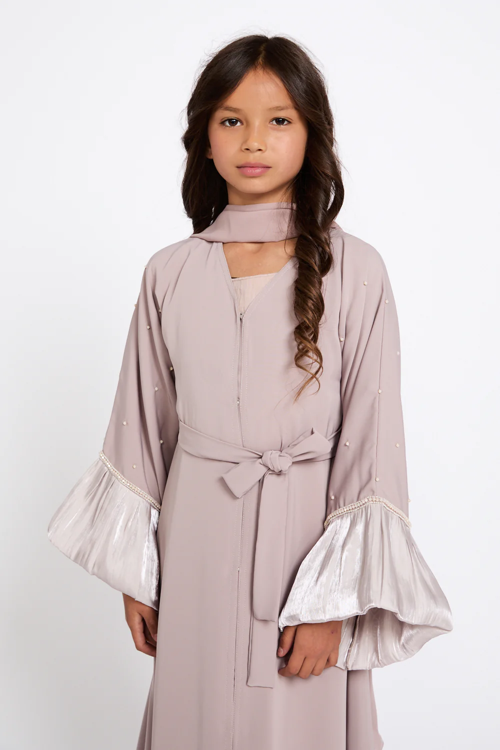 Junior Girls Premium Rosella Charm Open Abaya - Champagne Rose - Image 2