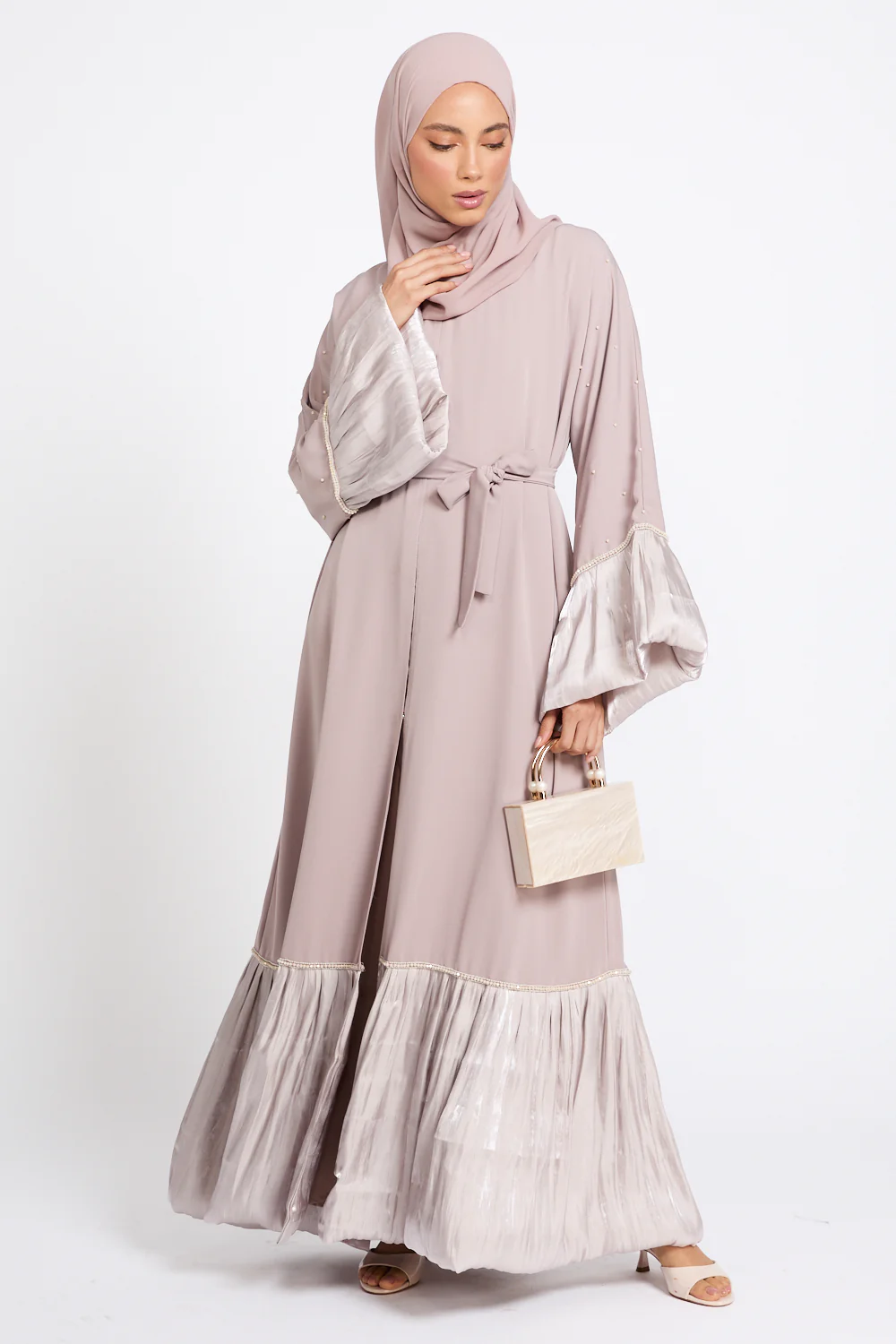 Premium Roselle Charm Open Abaya - Champagne Rose