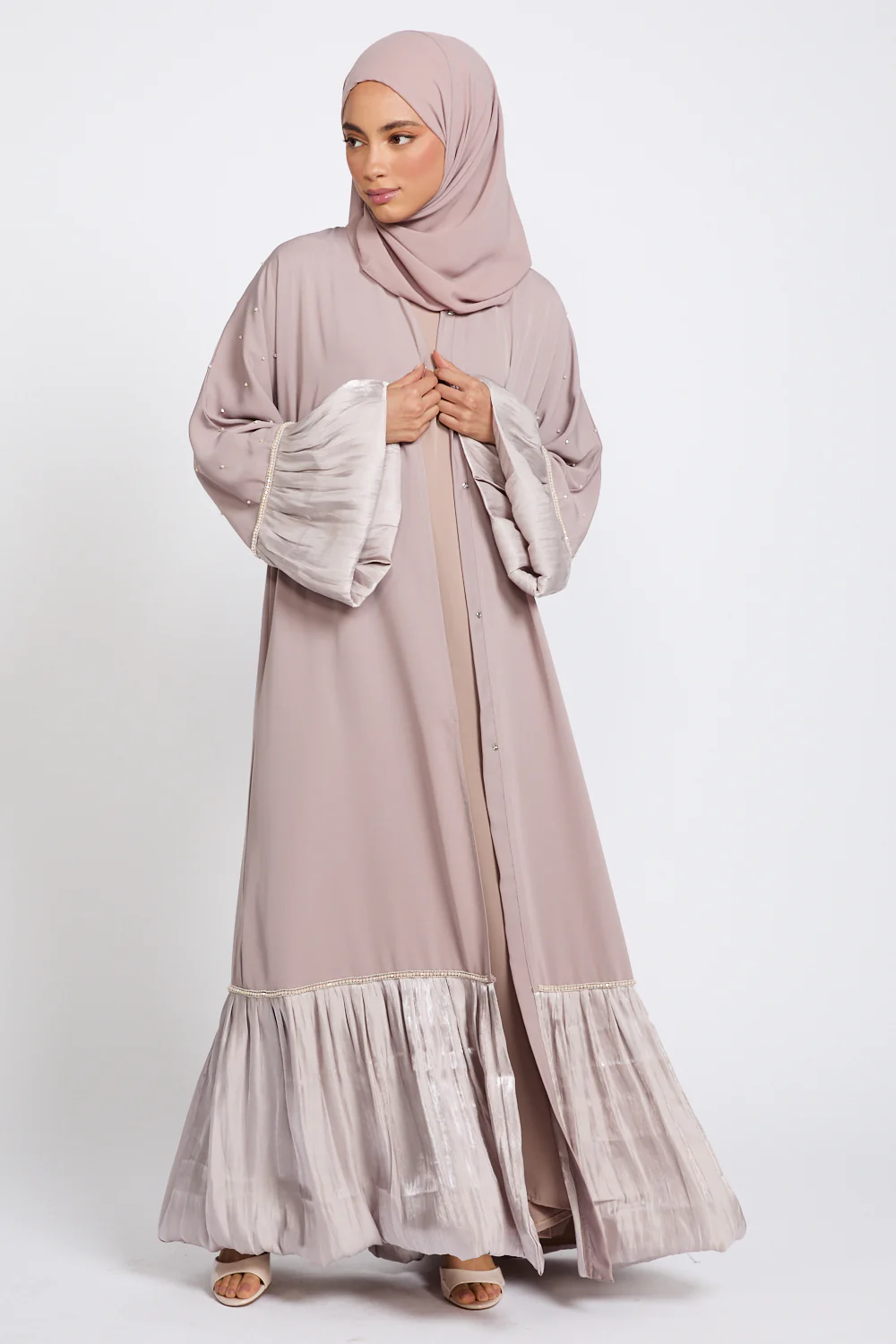 Premium Roselle Charm Open Abaya - Champagne Rose - Image 10