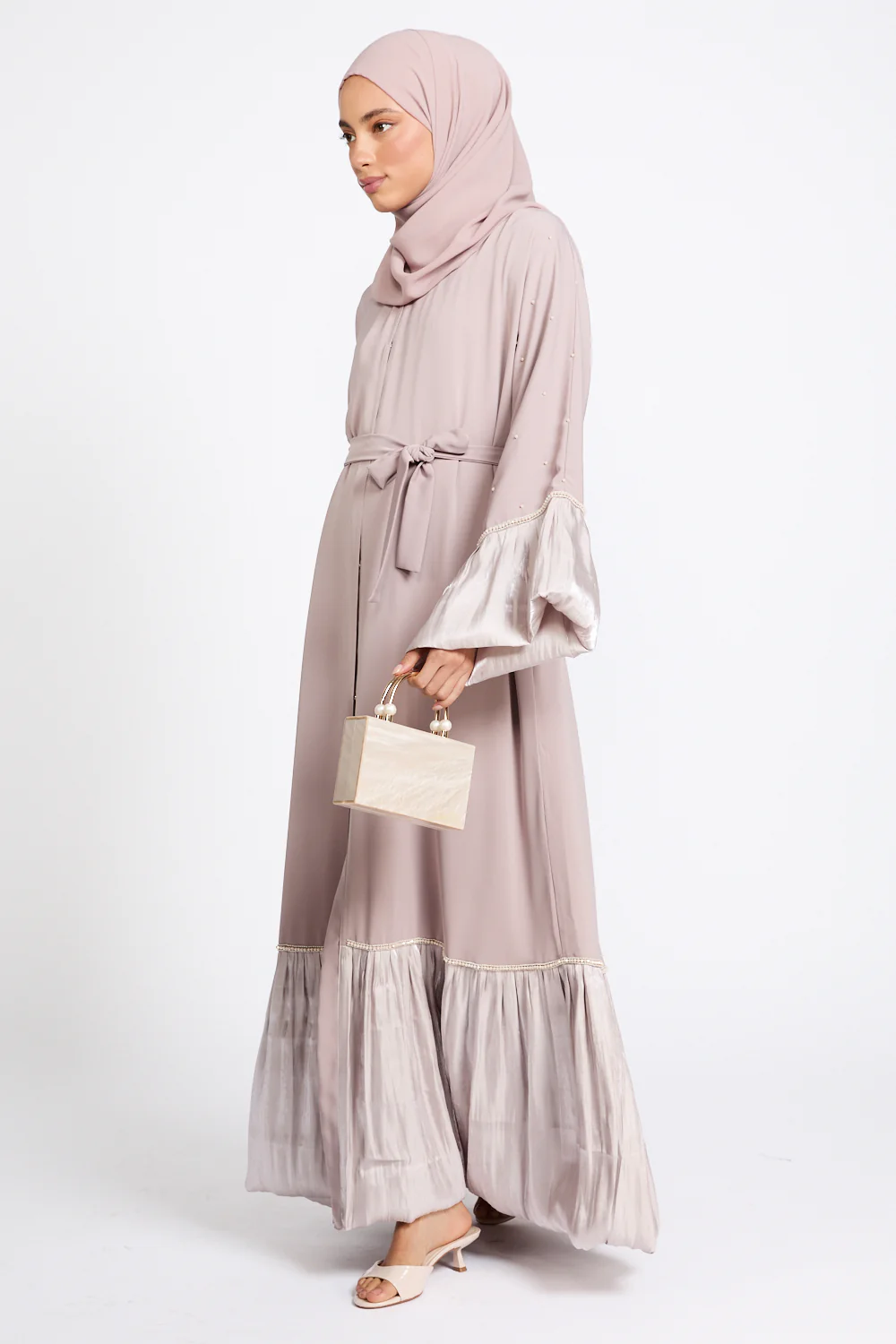 Premium Roselle Charm Open Abaya - Champagne Rose - Image 5