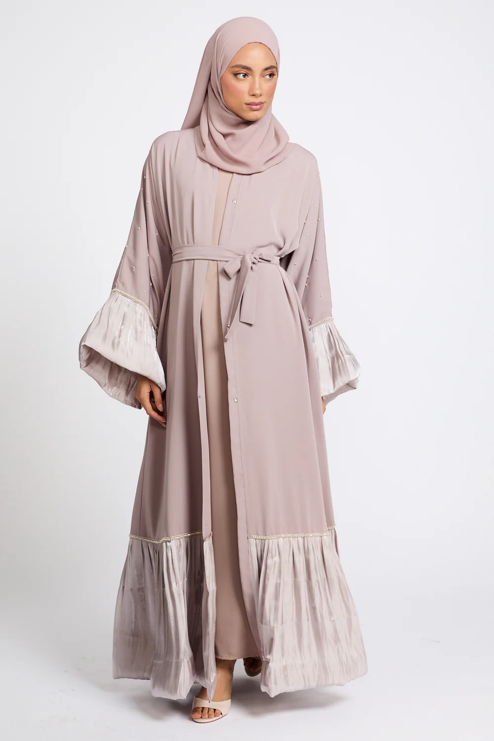Premium Roselle Charm Open Abaya - Champagne Rose - Image 8