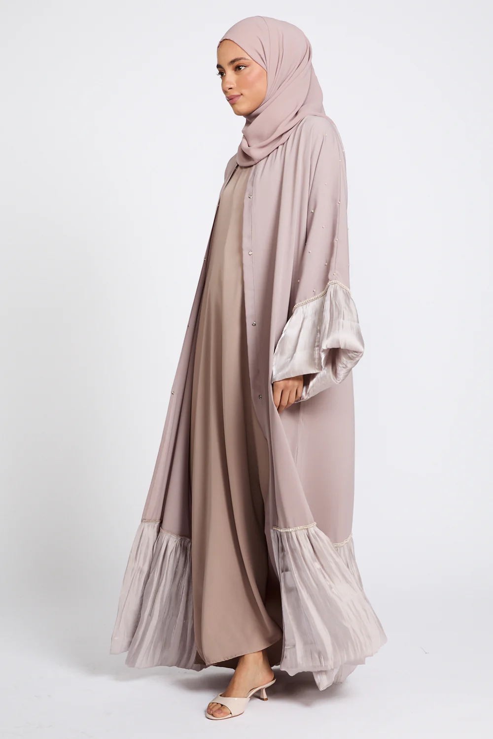 Premium Roselle Charm Open Abaya - Champagne Rose - Image 9