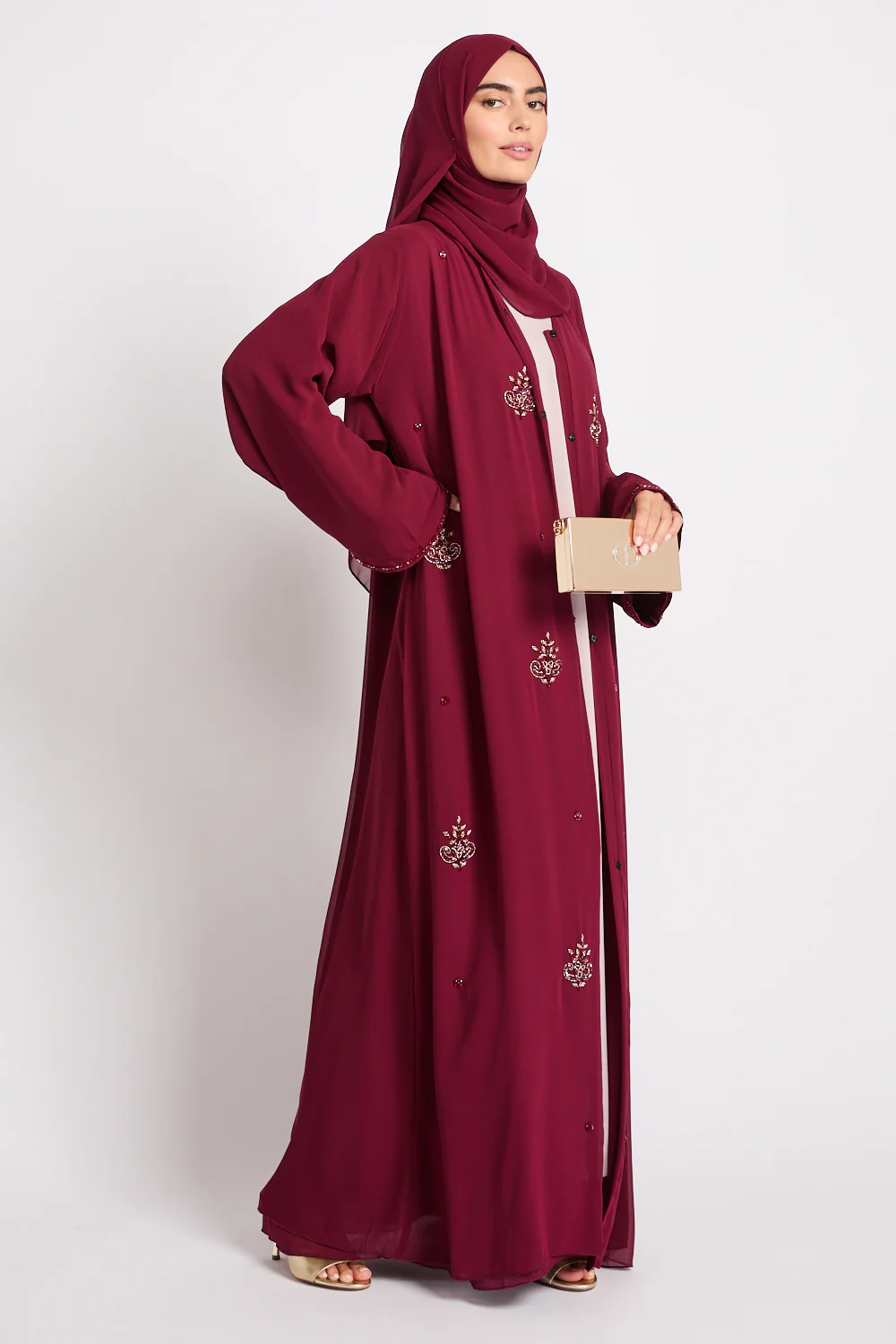 Premium Arabesque Embellished Chiffon Open Abaya - Deep Ruby