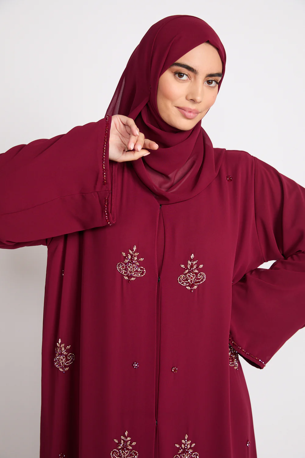 Premium Arabesque Embellished Chiffon Open Abaya - Deep Ruby - Image 2