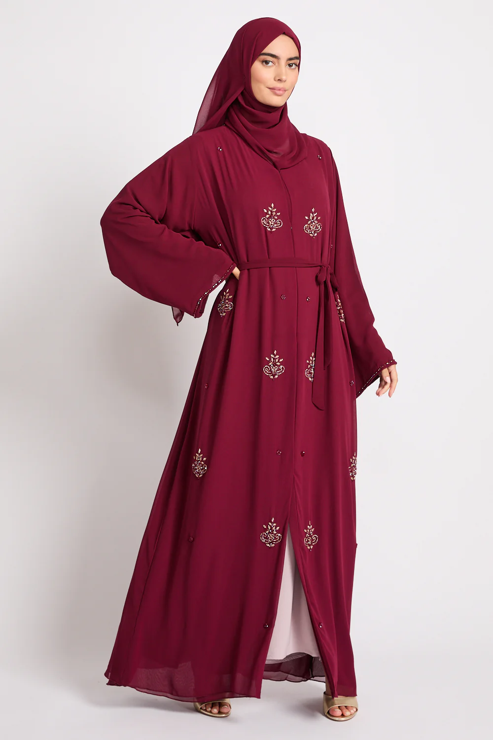 Premium Arabesque Embellished Chiffon Open Abaya - Deep Ruby - Image 3