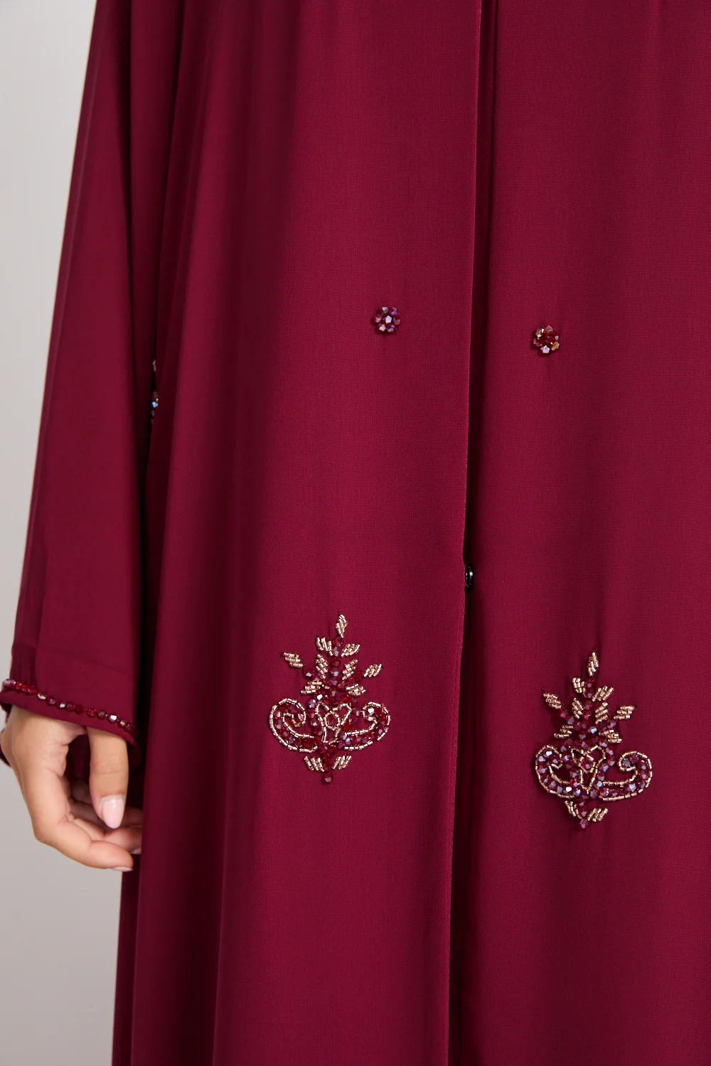Premium Arabesque Embellished Chiffon Open Abaya - Deep Ruby - Image 4