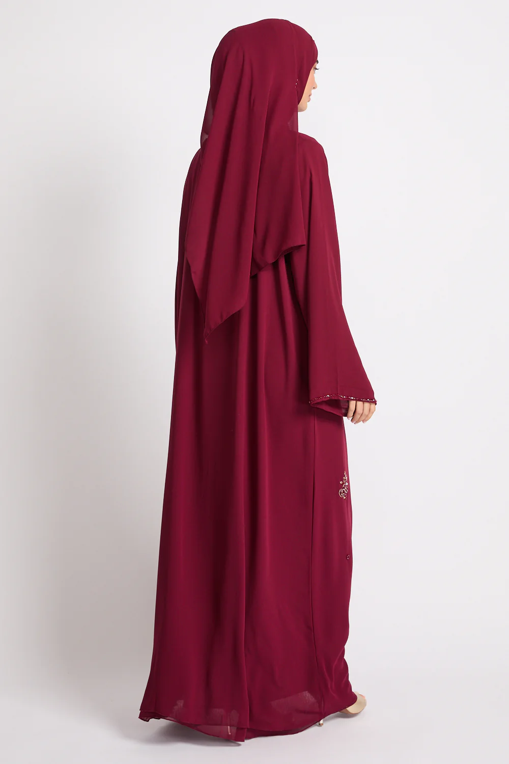 Premium Arabesque Embellished Chiffon Open Abaya - Deep Ruby - Image 5