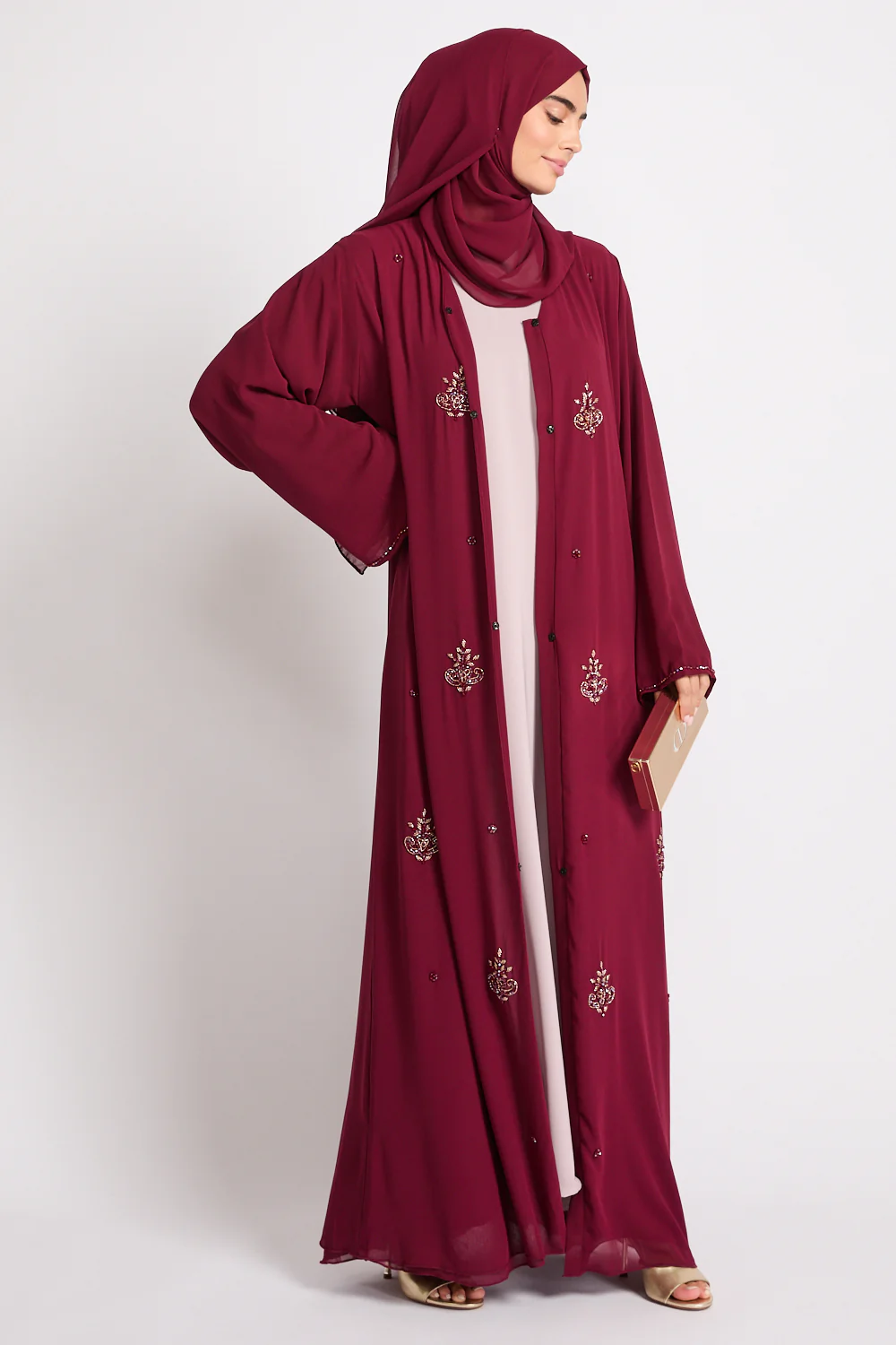 Premium Arabesque Embellished Chiffon Open Abaya - Deep Ruby - Image 6