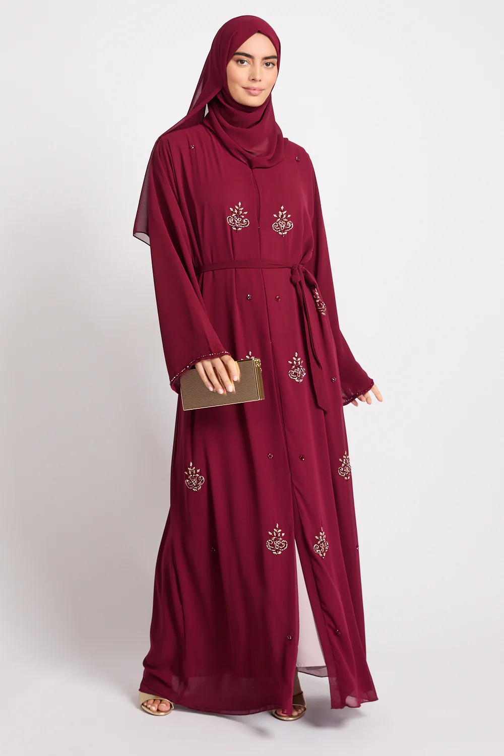 Premium Arabesque Embellished Chiffon Open Abaya - Deep Ruby - Image 7
