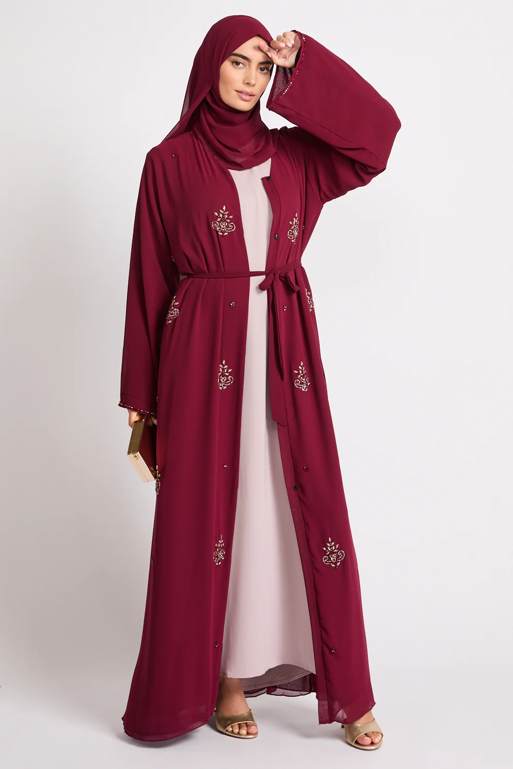 Premium Arabesque Embellished Chiffon Open Abaya - Deep Ruby - Image 8