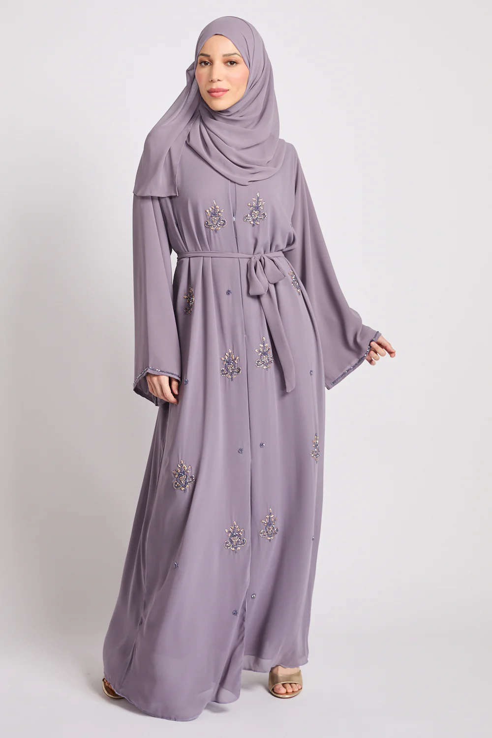 Premium Arabesque Embellished Chiffon Open Abaya - Lavender