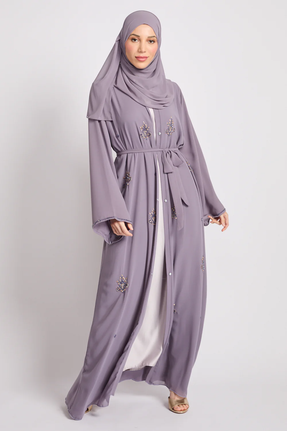 Premium Arabesque Embellished Chiffon Open Abaya - Lavender - Image 10