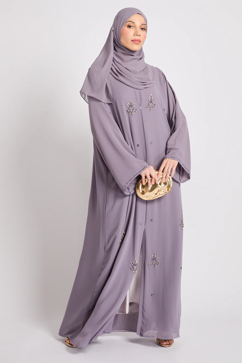 Premium Arabesque Embellished Chiffon Open Abaya - Lavender - Image 3
