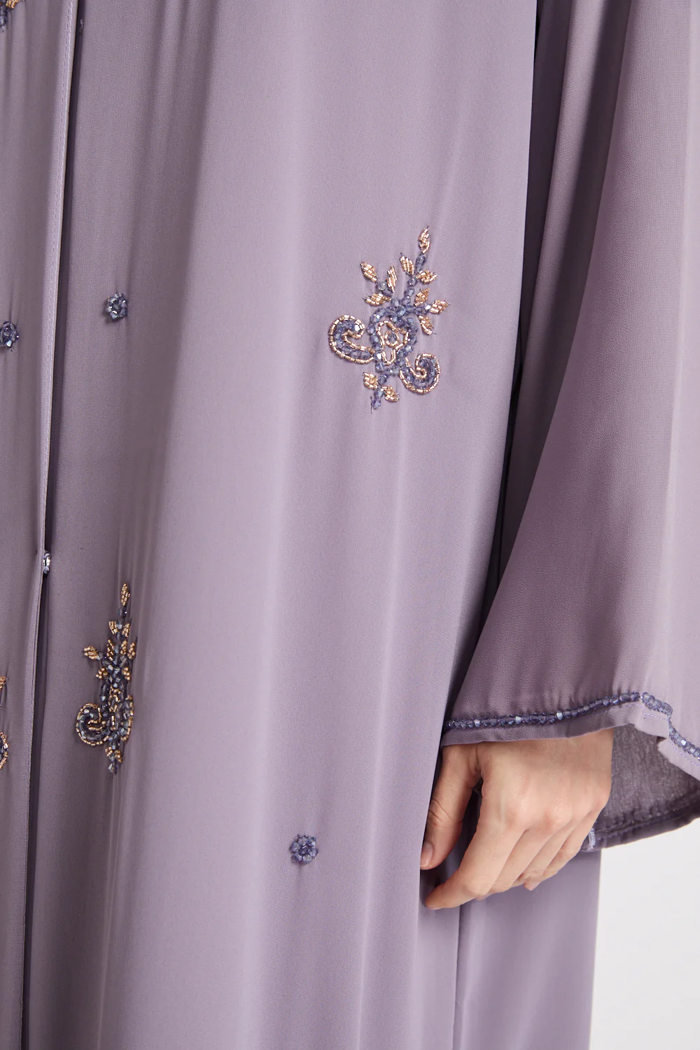 Premium Arabesque Embellished Chiffon Open Abaya - Lavender - Image 4
