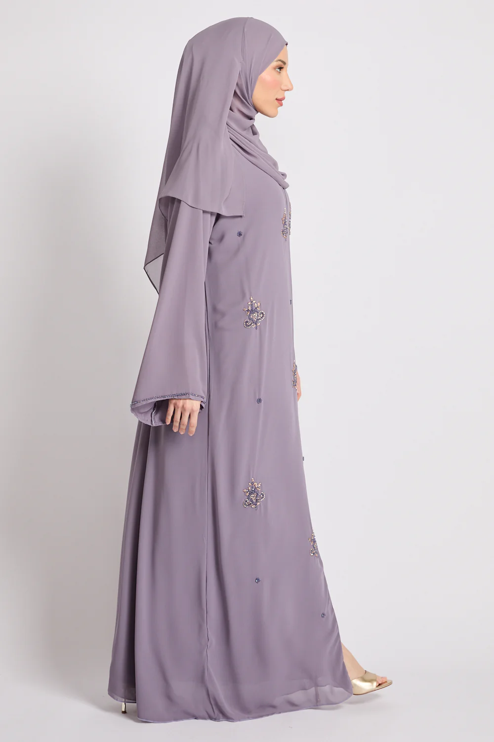 Premium Arabesque Embellished Chiffon Open Abaya - Lavender - Image 5
