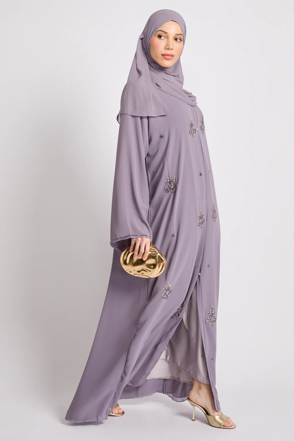 Premium Arabesque Embellished Chiffon Open Abaya - Lavender - Image 6