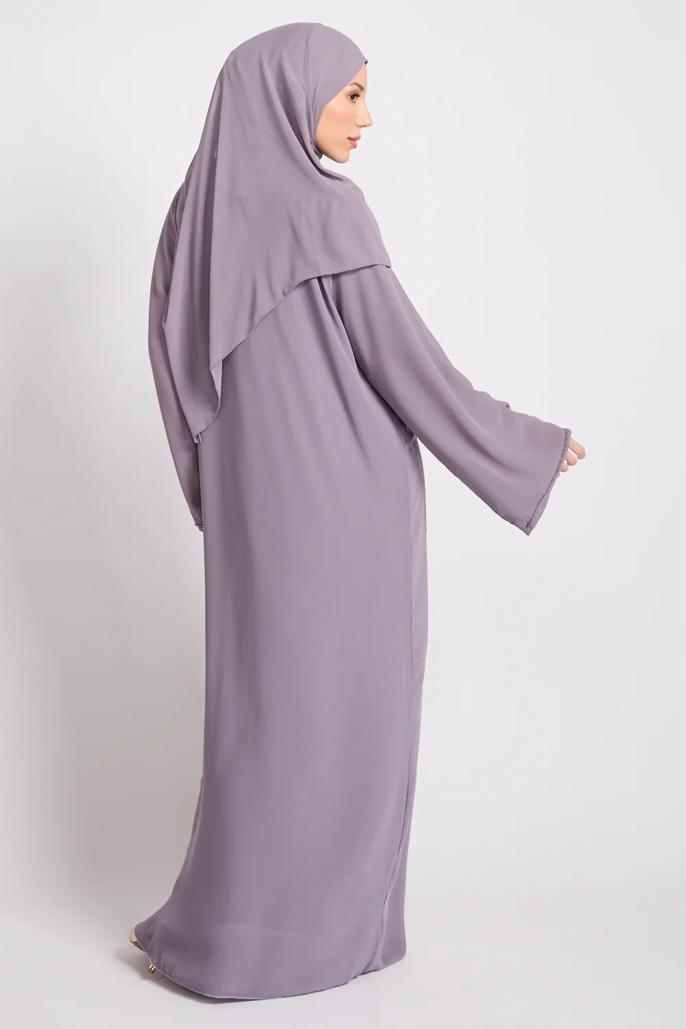 Premium Arabesque Embellished Chiffon Open Abaya - Lavender - Image 7