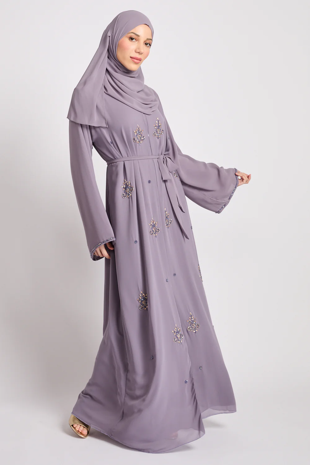 Premium Arabesque Embellished Chiffon Open Abaya - Lavender - Image 8