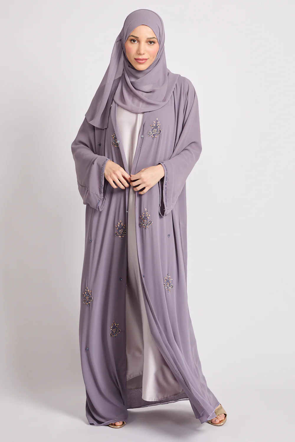 Premium Arabesque Embellished Chiffon Open Abaya - Lavender - Image 9
