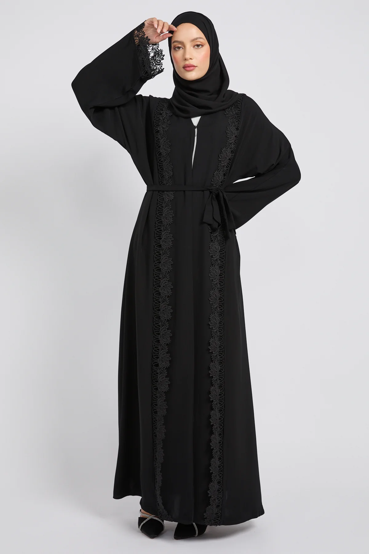 Premium Aria Lace Black Open Abaya - Image 10