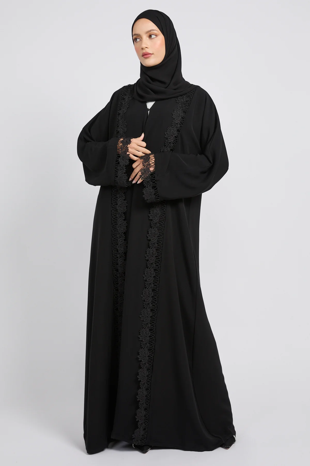 Premium Aria Lace Black Open Abaya - Image 3