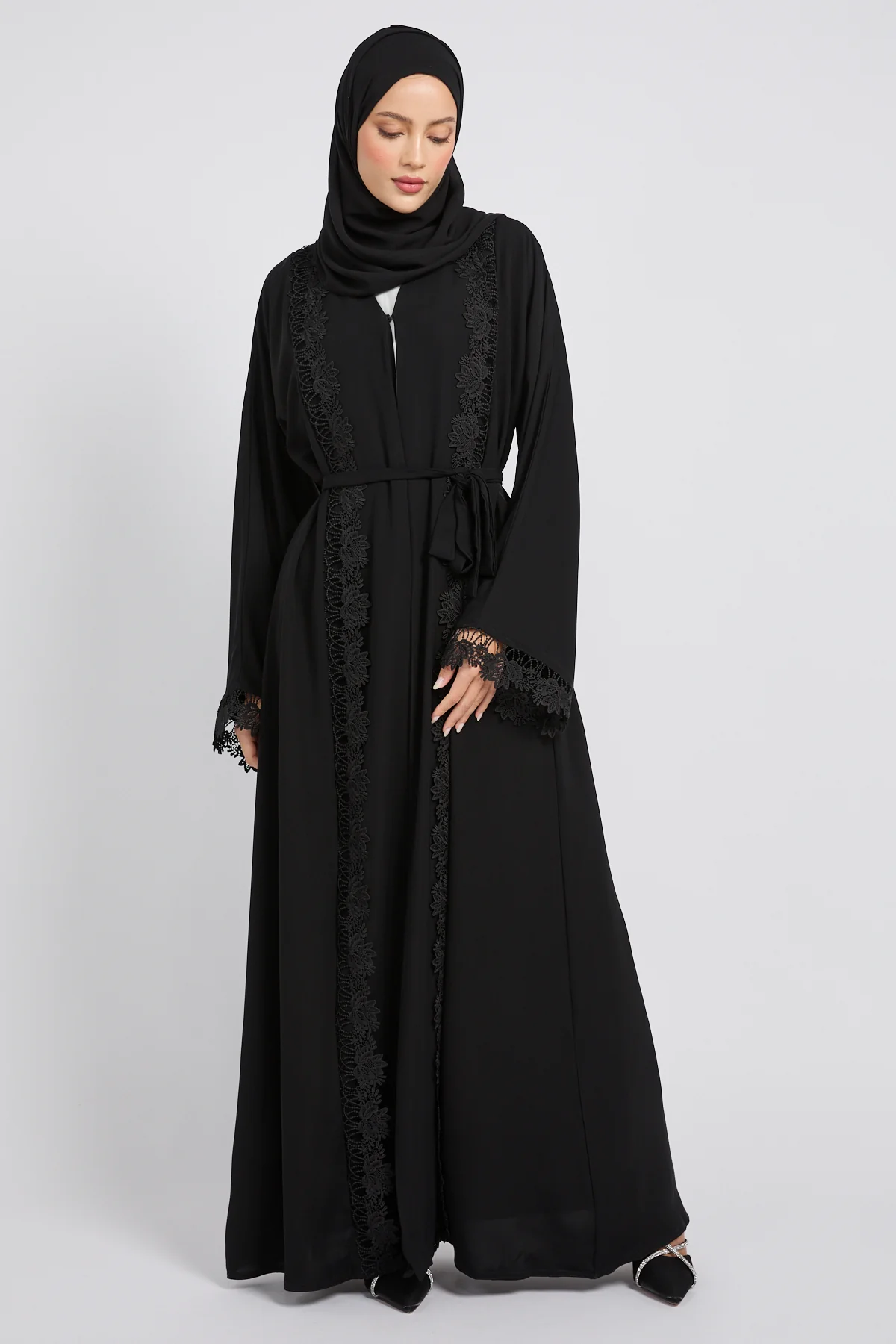 Premium Aria Lace Black Open Abaya - Image 5