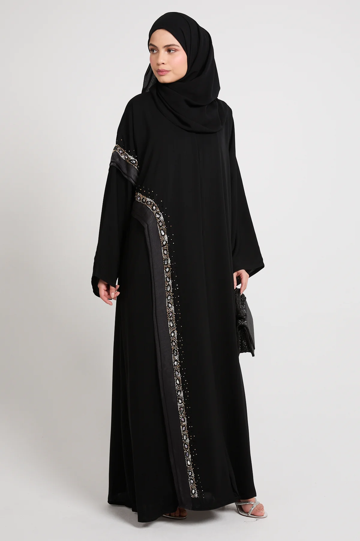 Premium Aurora Jewel Open Abaya with Organza Detail - Black