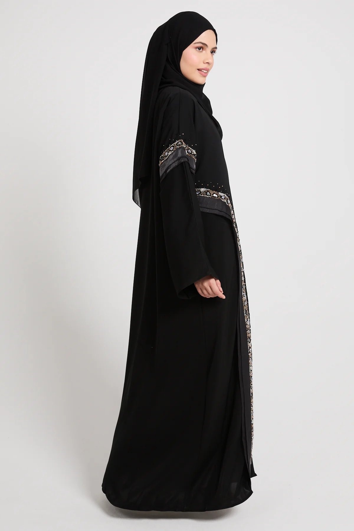 Premium Aurora Jewel Open Abaya with Organza Detail - Black - Image 3