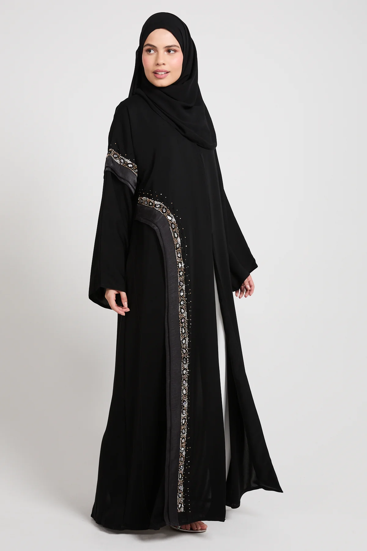Premium Aurora Jewel Open Abaya with Organza Detail - Black - Image 4