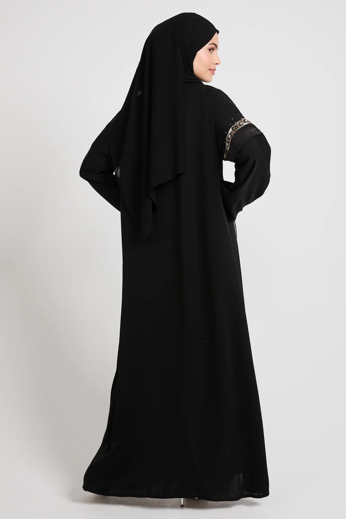 Premium Aurora Jewel Open Abaya with Organza Detail - Black - Image 5