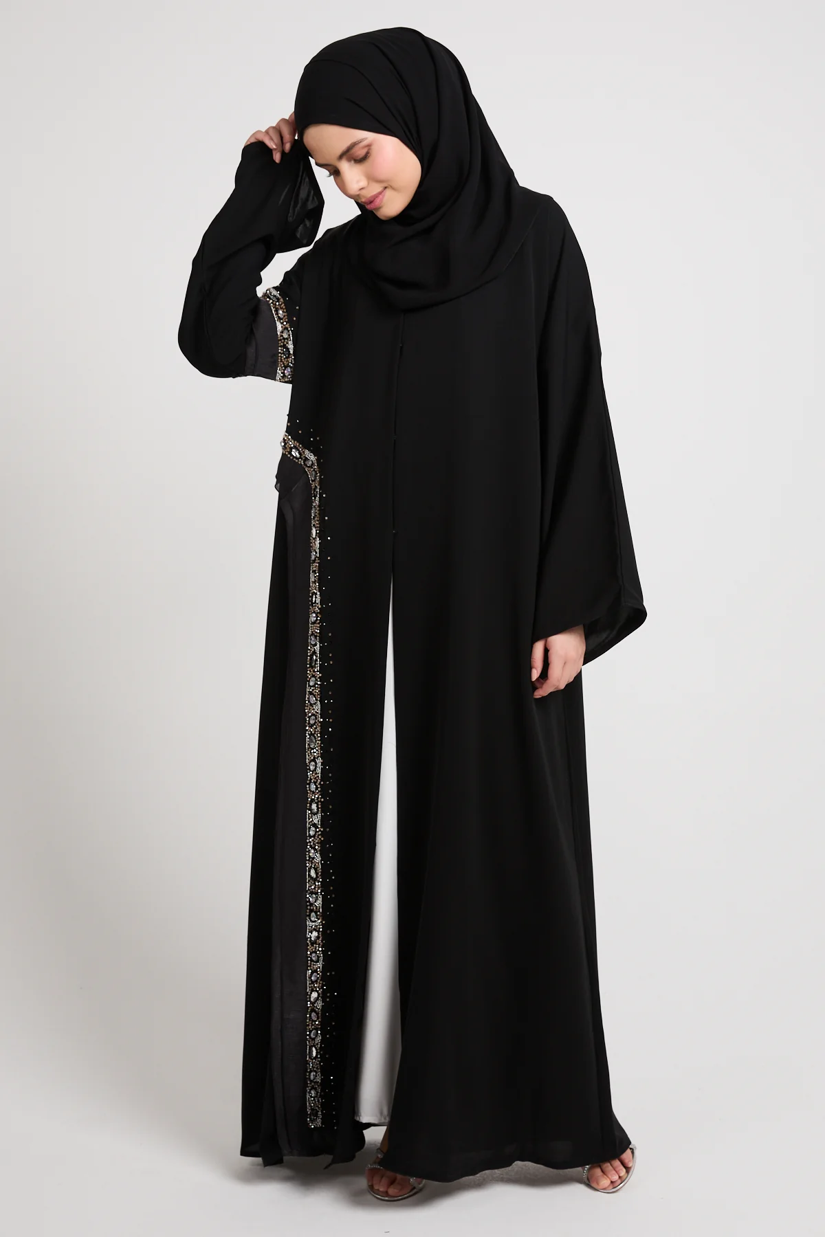 Premium Aurora Jewel Open Abaya with Organza Detail - Black - Image 6