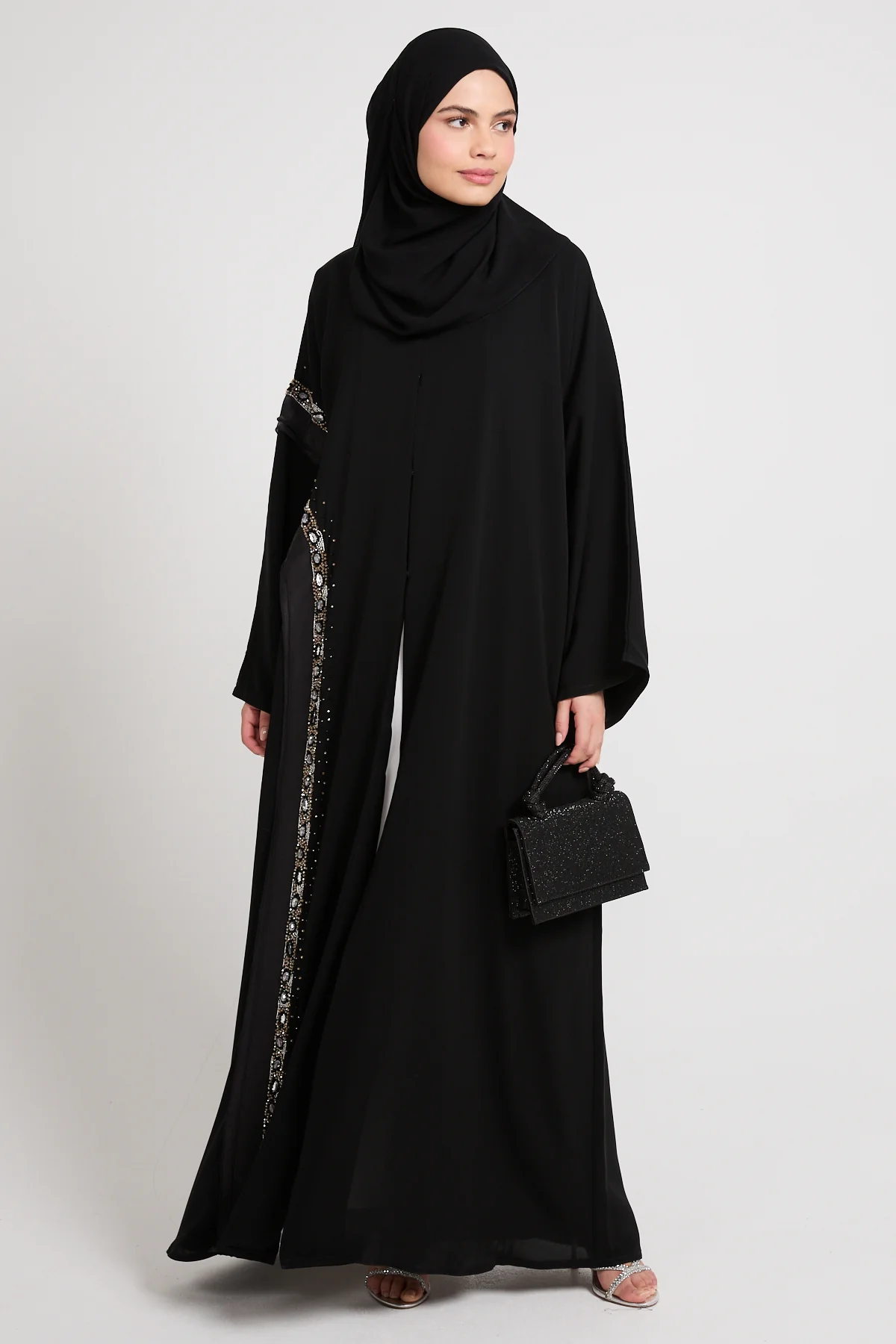 Premium Aurora Jewel Open Abaya with Organza Detail - Black - Image 7
