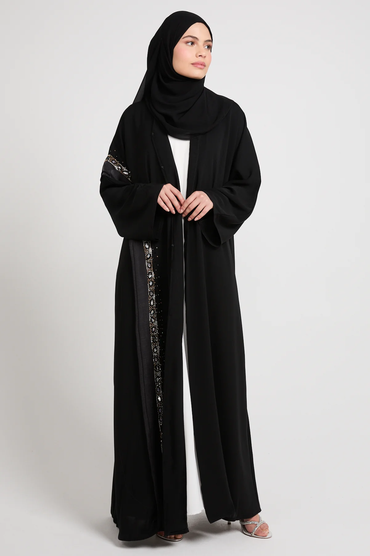 Premium Aurora Jewel Open Abaya with Organza Detail - Black - Image 9