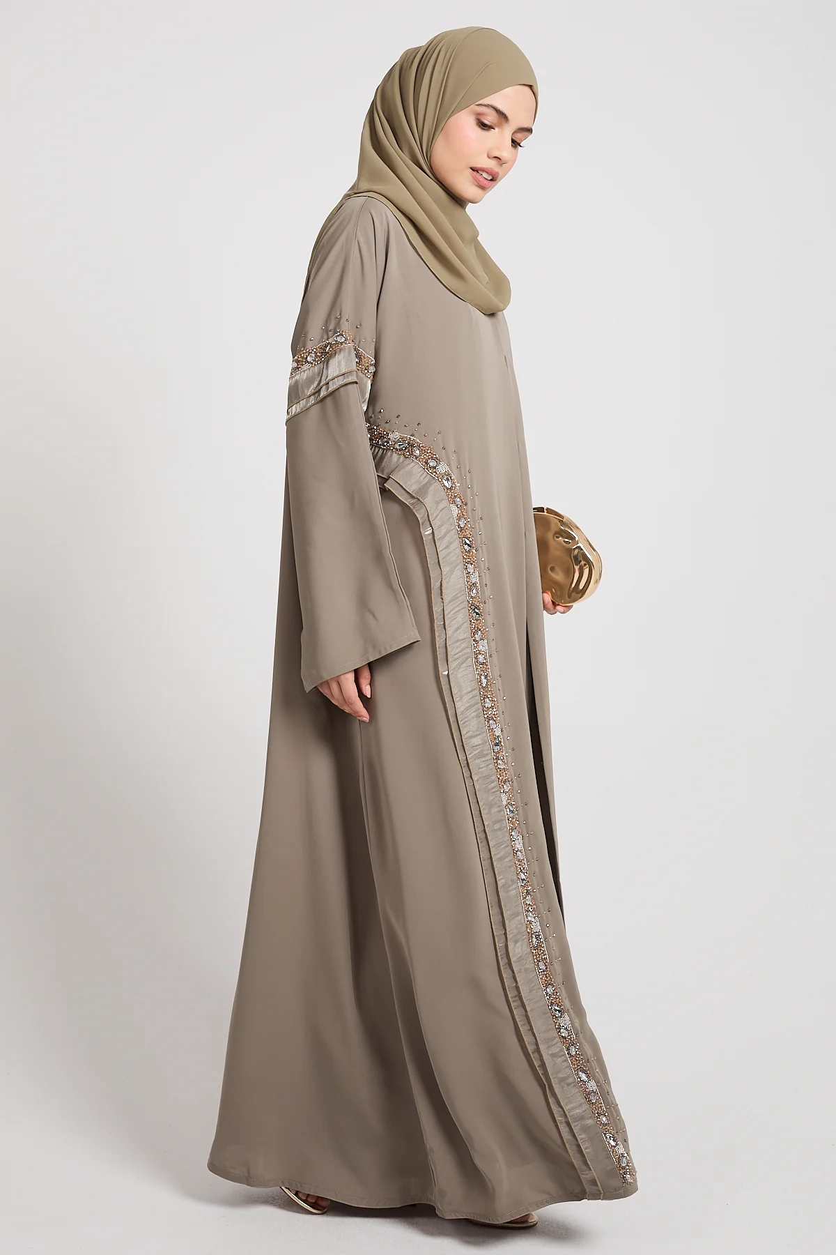 Premium Aurora Jewel Open Abaya with Organza Detail - Olive Grey
