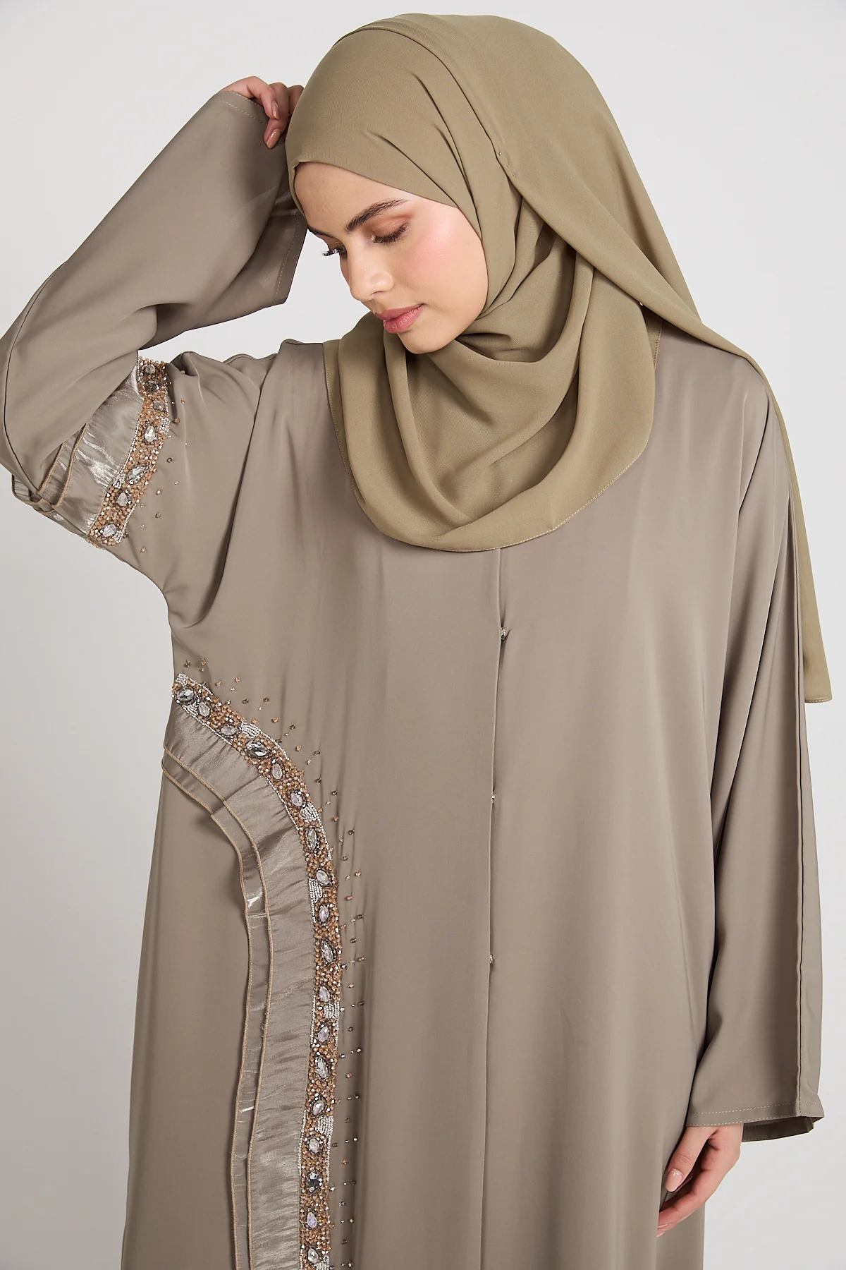 Premium Aurora Jewel Open Abaya with Organza Detail - Olive Grey - Image 2