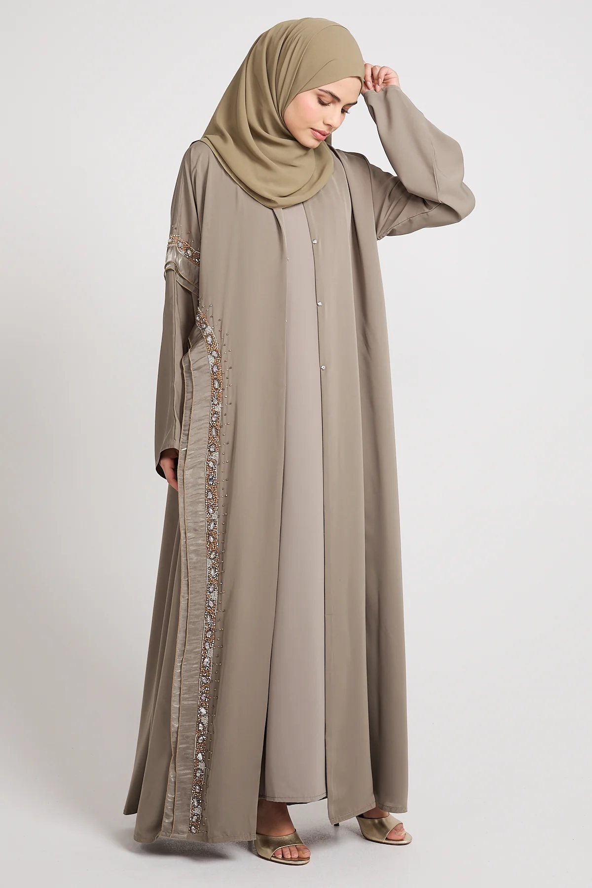 Premium Aurora Jewel Open Abaya with Organza Detail - Olive Grey - Image 3