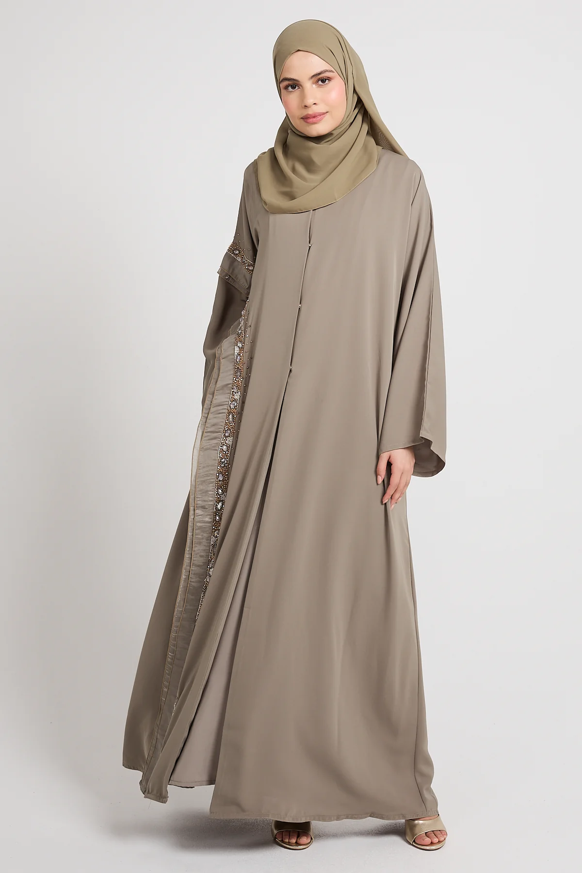 Premium Aurora Jewel Open Abaya with Organza Detail - Olive Grey - Image 4