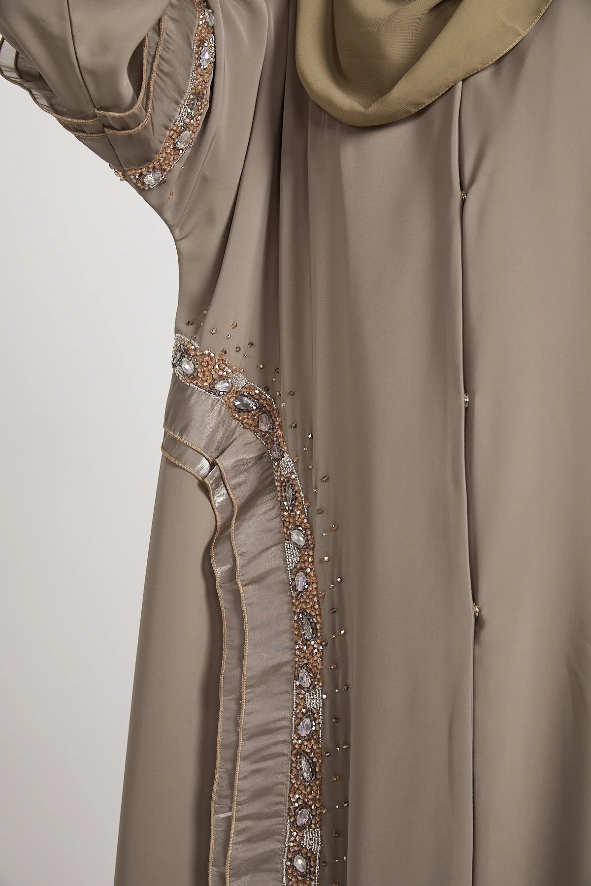 Premium Aurora Jewel Open Abaya with Organza Detail - Olive Grey - Image 5