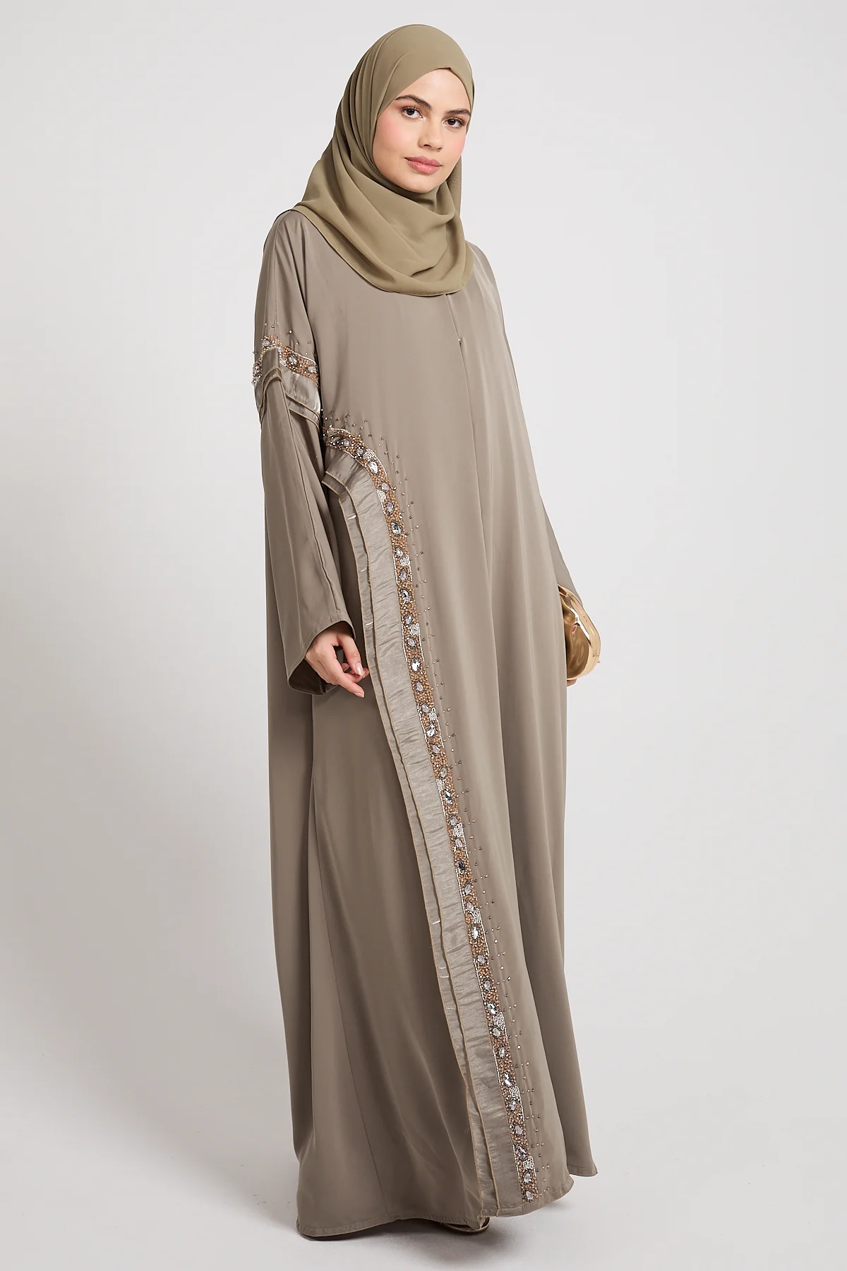 Premium Aurora Jewel Open Abaya with Organza Detail - Olive Grey - Image 6