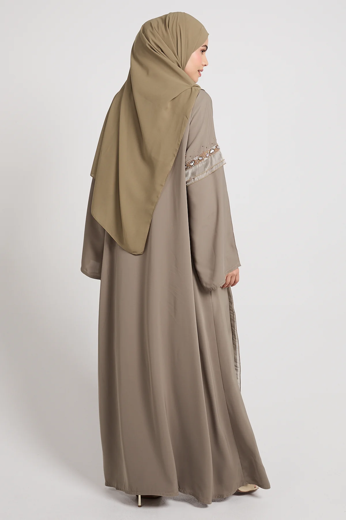 Premium Aurora Jewel Open Abaya with Organza Detail - Olive Grey - Image 7