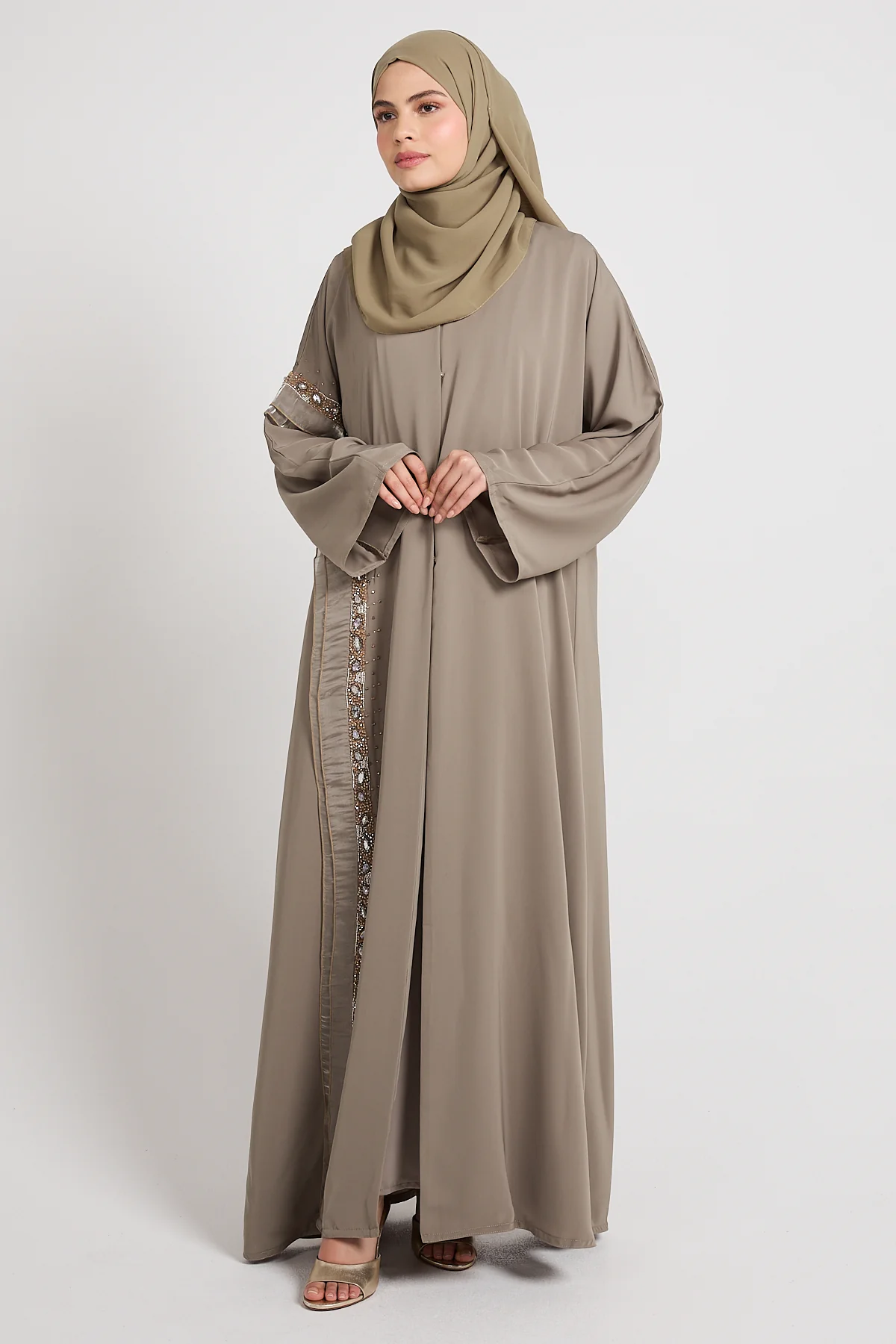 Premium Aurora Jewel Open Abaya with Organza Detail - Olive Grey - Image 8