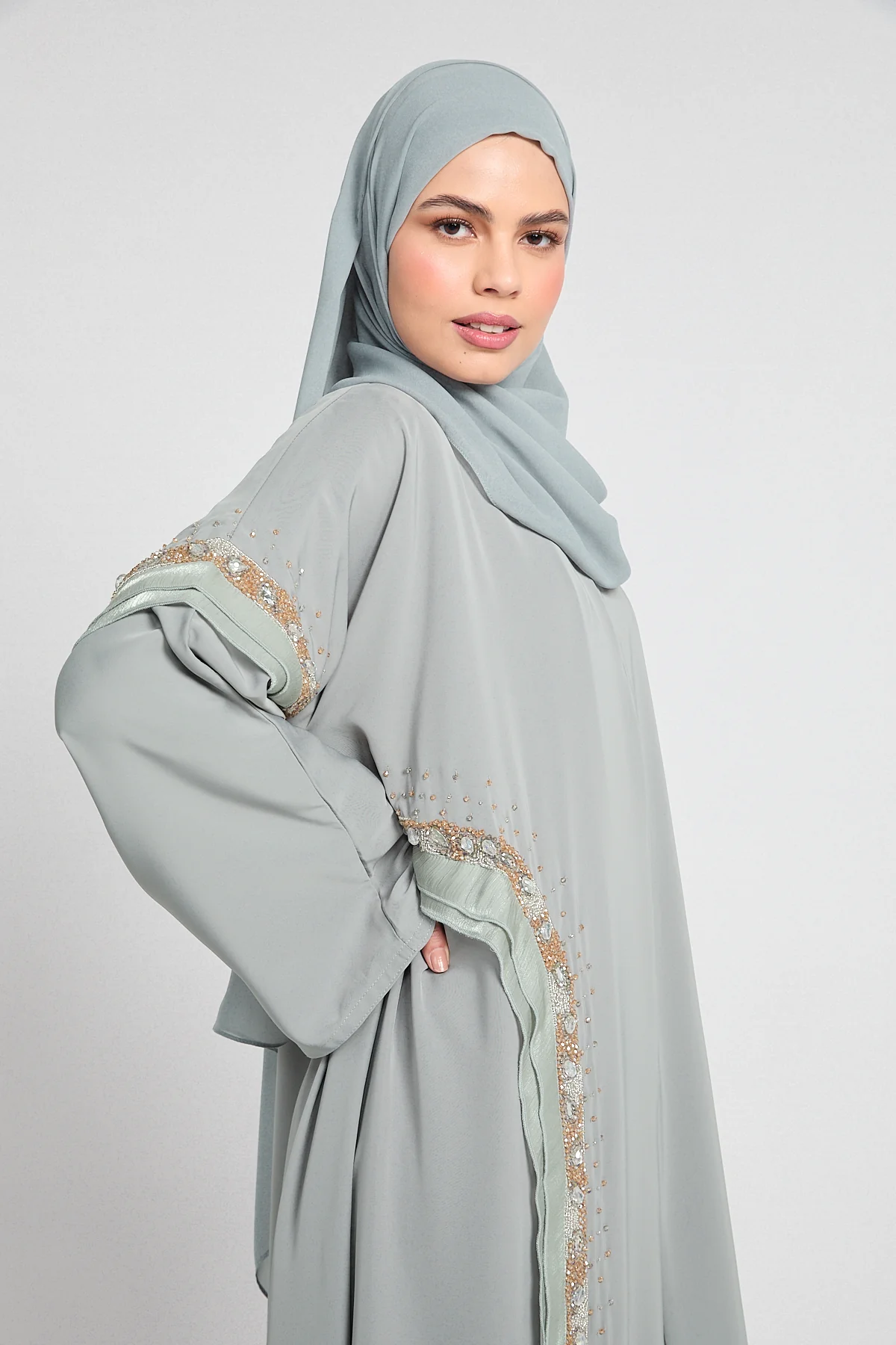 Premium Aurora Jewel Open Abaya with Organza Detail - Sage Grey - Image 2