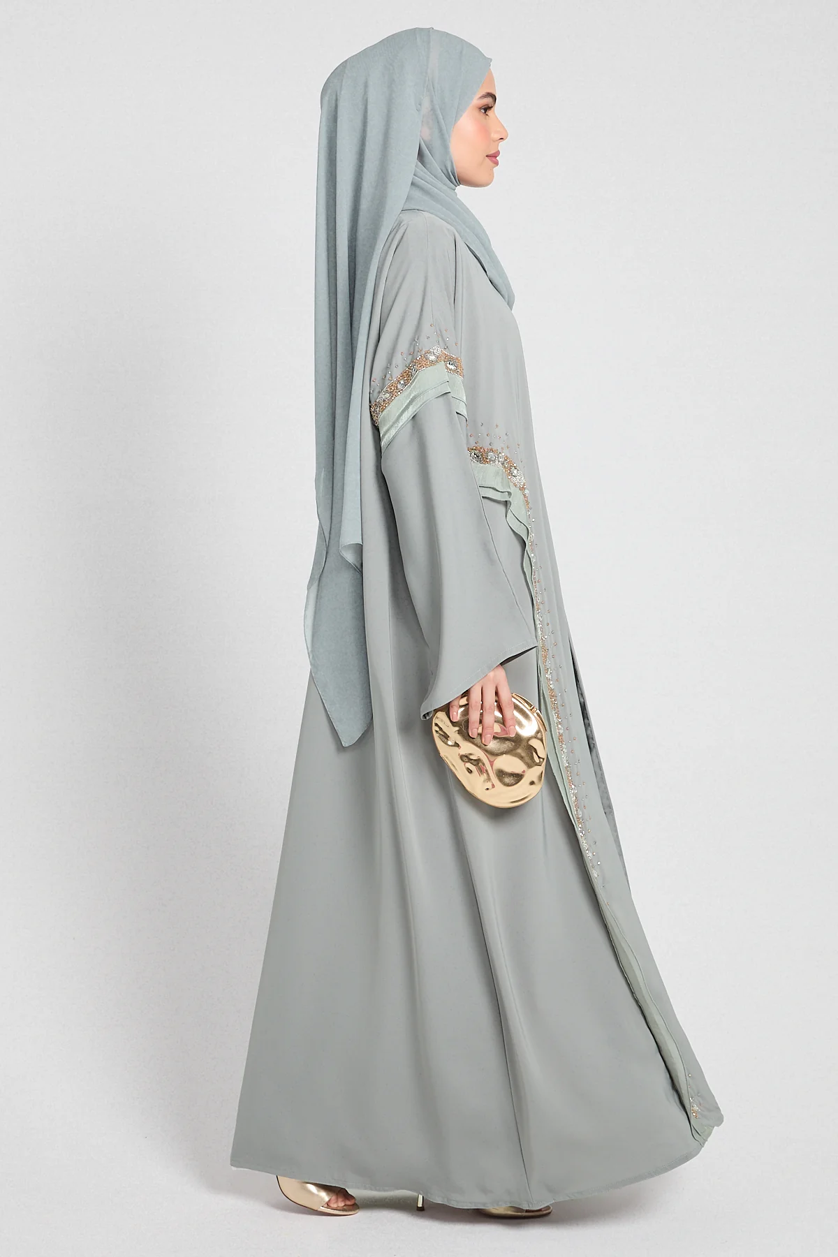 Premium Aurora Jewel Open Abaya with Organza Detail - Sage Grey - Image 3