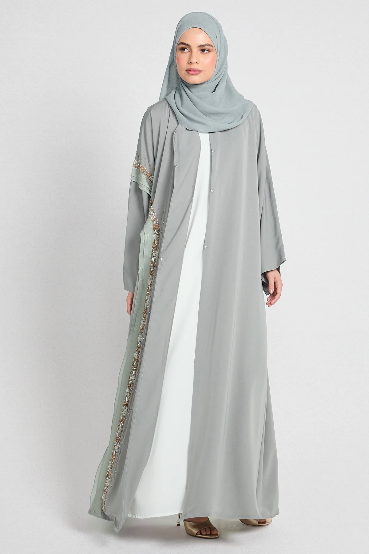 Premium Aurora Jewel Open Abaya with Organza Detail - Sage Grey - Image 4