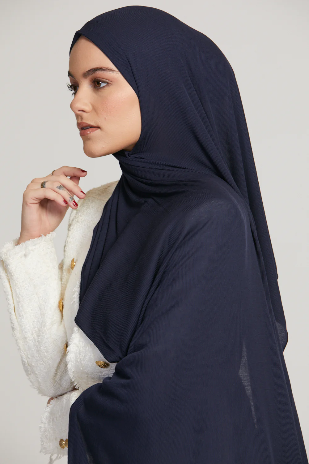 Premium Bamboo Ribbed Jersey Hijab - Navy - Image 3