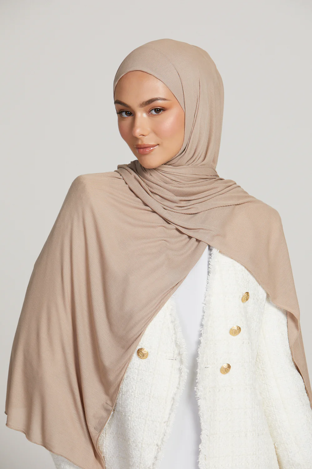 Premium Bamboo Ribbed Jersey Hijab - Nude - Image 3